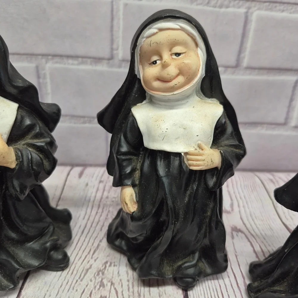 Vintage Set of 4 Singing Nun Figurines Black White Religious Sisters Decor 5in
